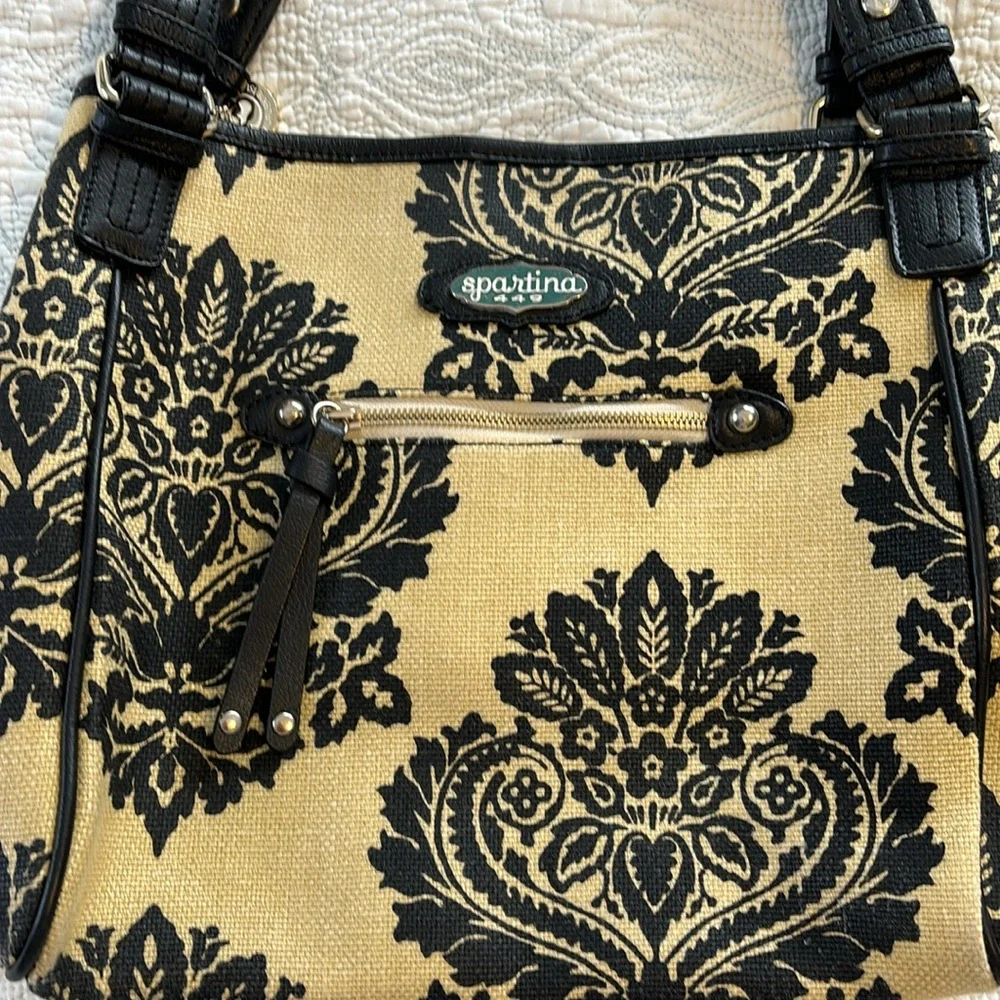 Spartina 449 Tan Linen & Black Leather Shoulder Hobo Bag